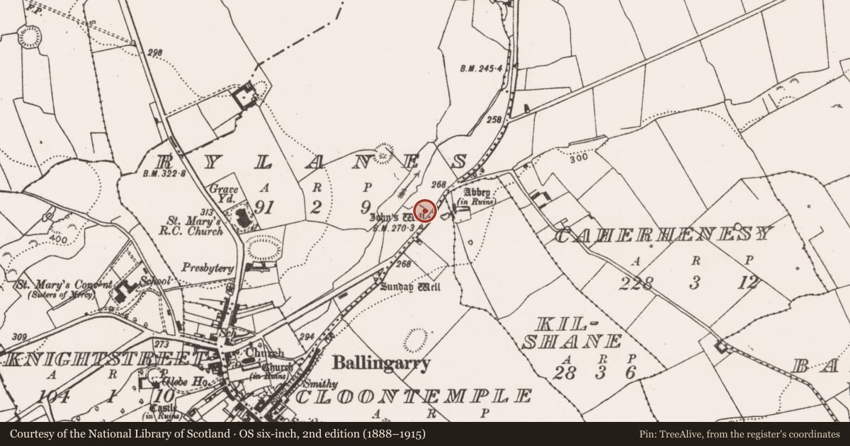 Ordnance Survey six-inch map, 2nd edition (1888–1915) covering the location of Ritual site - holy well, Rylanes, County Limerick, with a pin at the register's coordinates