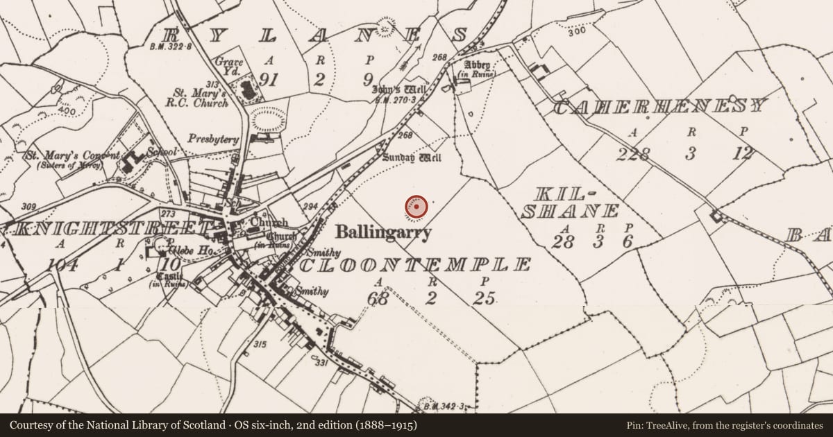 Ordnance Survey six-inch map, 2nd edition (1888–1915) covering the location of Enclosure, Cloontemple, County Limerick, with a pin at the register's coordinates