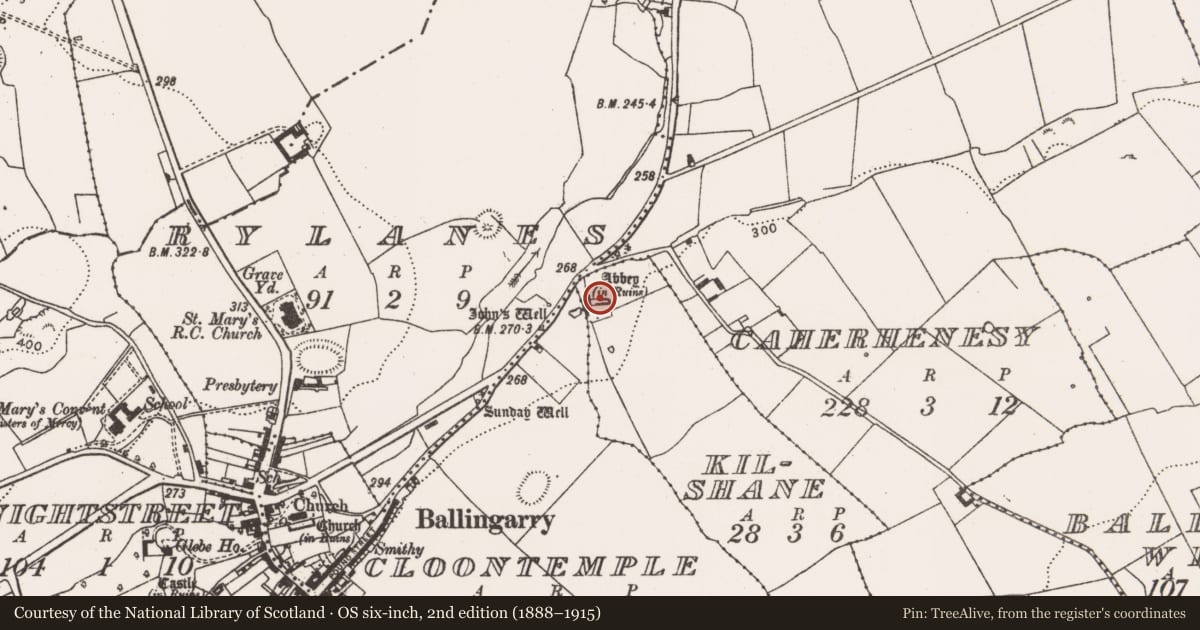 Ordnance Survey six-inch map, 2nd edition (1888–1915) covering the location of Religious house - Franciscan Third Order Regular, Kilshane, County Limerick, with a pin at the register's coordinates