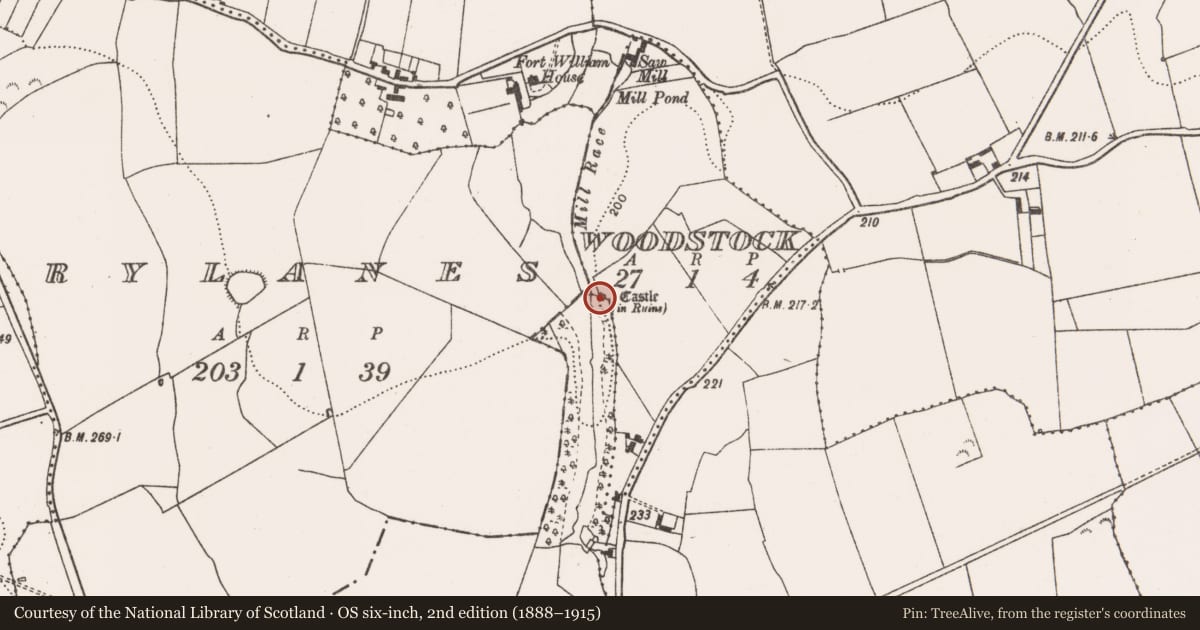Ordnance Survey six-inch map, 2nd edition (1888–1915) covering the location of Castle - tower house, Woodstock, County Limerick, with a pin at the register's coordinates