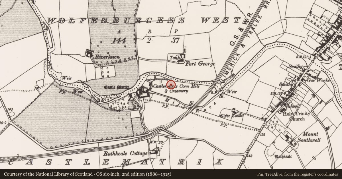Ordnance Survey six-inch map, 2nd edition (1888–1915) covering the location of Fulacht fia, Castlematrix, County Limerick, with a pin at the register's coordinates