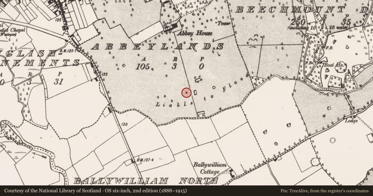 Ordnance Survey six-inch map, 2nd edition (1888–1915) covering the location of Barrow - unclassified, Abbeylands, County Limerick, with a pin at the register's coordinates