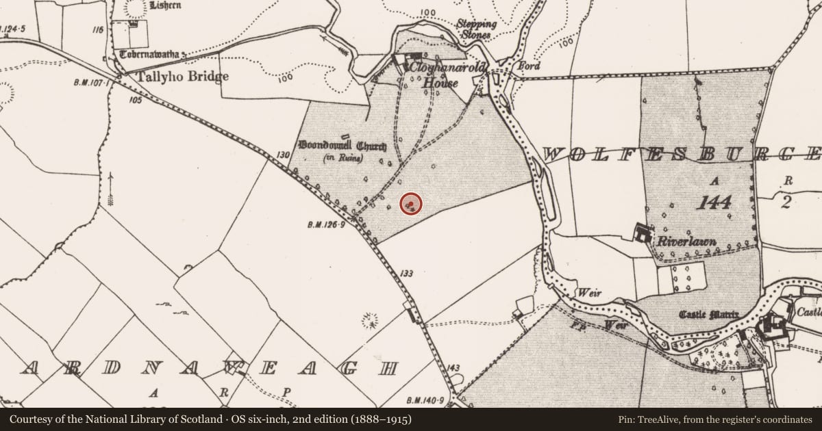 Ordnance Survey six-inch map, 2nd edition (1888–1915) covering the location of Designed landscape - tree-ring, Cloghanarold, County Limerick, with a pin at the register's coordinates