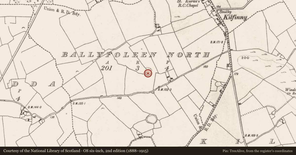 Ordnance Survey six-inch map, 2nd edition (1888–1915) covering the location of Ringfort - rath, Ballyfoleen North, County Limerick, with a pin at the register's coordinates