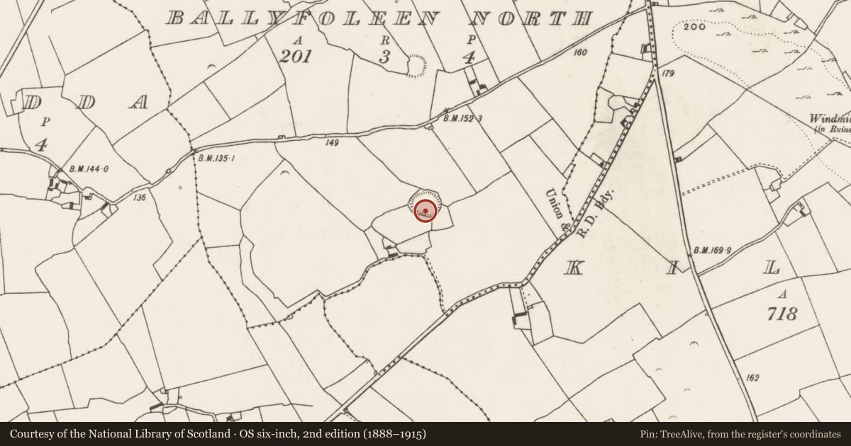 Ordnance Survey six-inch map, 2nd edition (1888–1915) covering the location of Ringfort - rath, Ballyfoleen North, County Limerick, with a pin at the register's coordinates