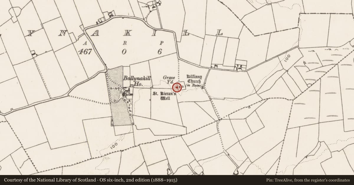 Ordnance Survey six-inch map, 2nd edition (1888–1915) covering the location of Ritual site - holy well, Ballynakill, County Limerick, with a pin at the register's coordinates
