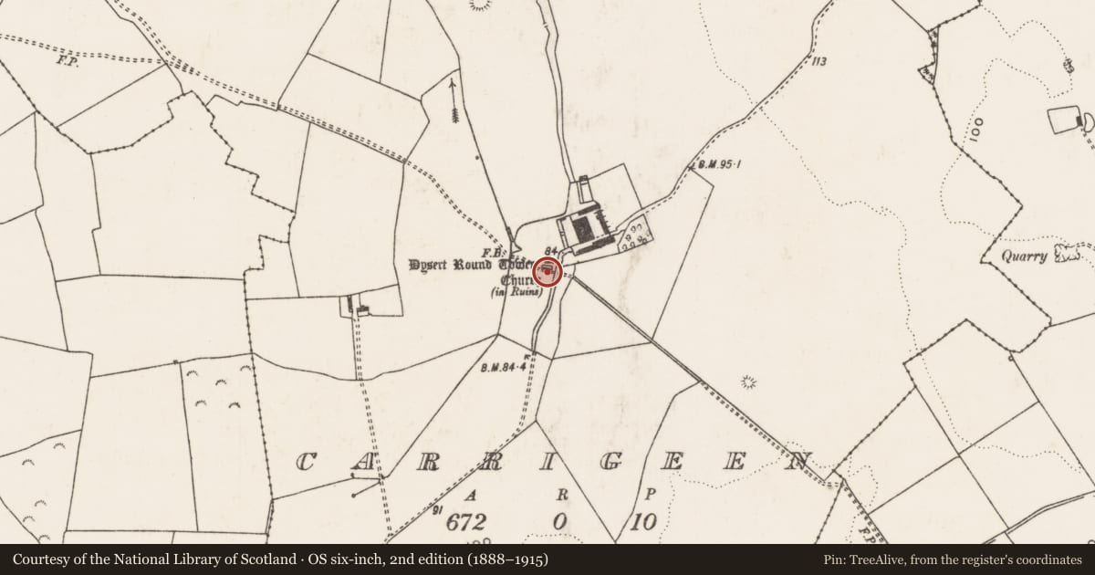 Ordnance Survey six-inch map, 2nd edition (1888–1915) covering the location of Graveyard, Carrigeen, County Limerick, with a pin at the register's coordinates