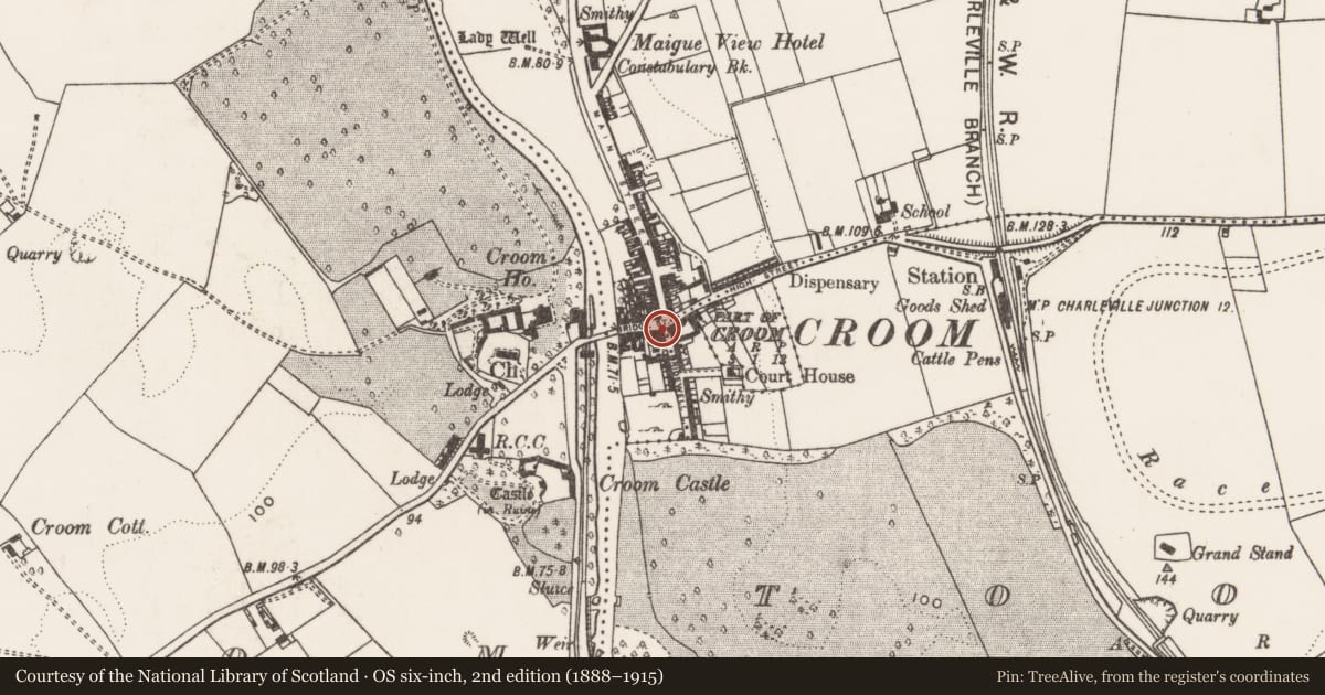 Ordnance Survey six-inch map, 2nd edition (1888–1915) covering the location of Historic town, Croom, Skagh, County Limerick, with a pin at the register's coordinates