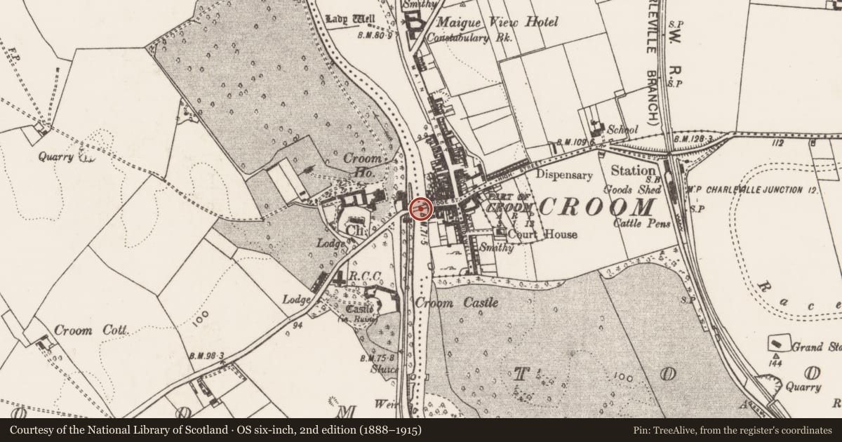 Ordnance Survey six-inch map, 2nd edition (1888–1915) covering the location of Bridge, Skagh, Croom, County Limerick, with a pin at the register's coordinates