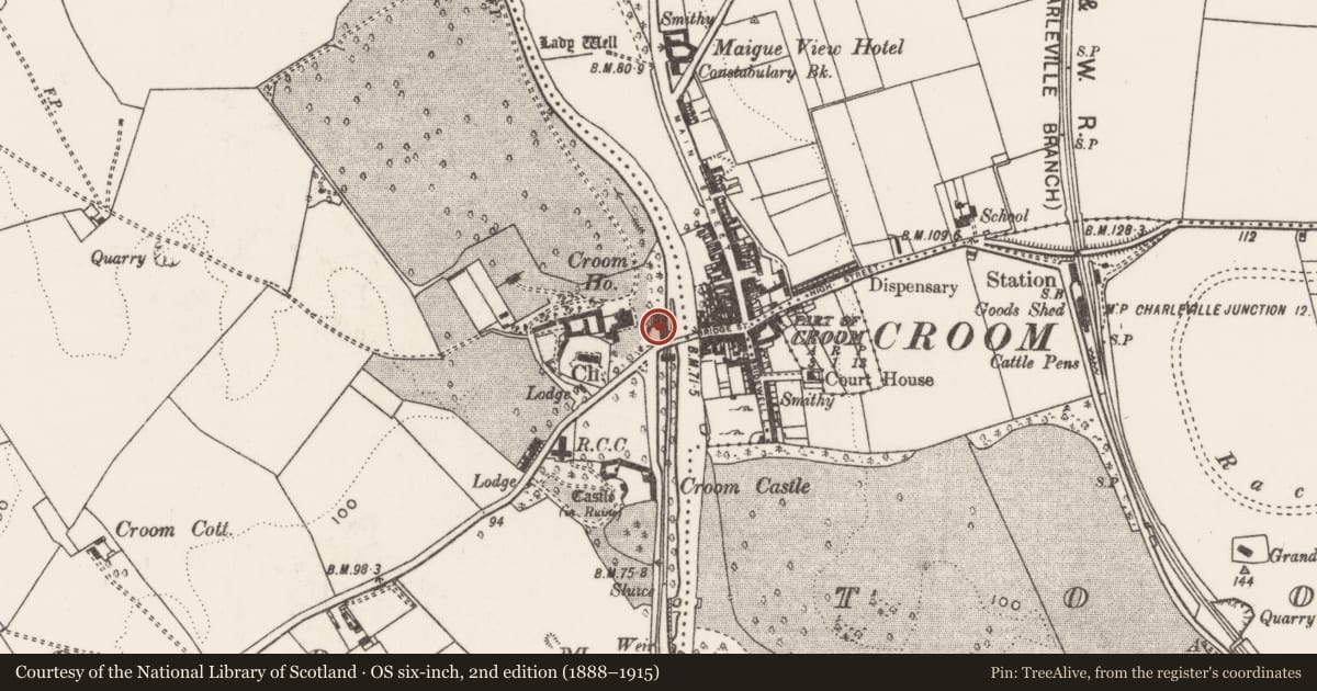Ordnance Survey six-inch map, 2nd edition (1888–1915) covering the location of Mill - unclassified, Croom, County Limerick, with a pin at the register's coordinates