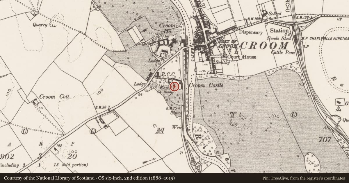 Ordnance Survey six-inch map, 2nd edition (1888–1915) covering the location of Town defences, Croom, County Limerick, with a pin at the register's coordinates