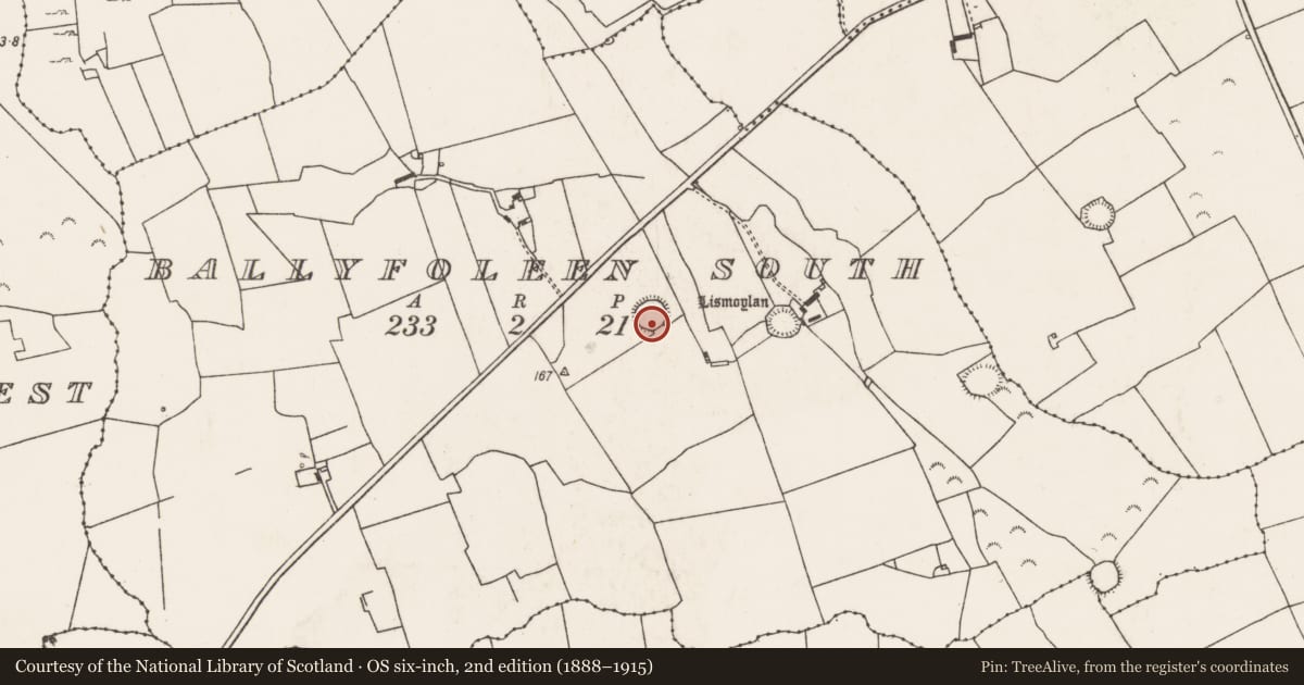 Ordnance Survey six-inch map, 2nd edition (1888–1915) covering the location of Ringfort - rath, Ballyfoleen South, County Limerick, with a pin at the register's coordinates