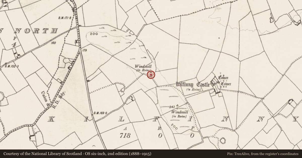 Ordnance Survey six-inch map, 2nd edition (1888–1915) covering the location of Windmill, Kilfinny, County Limerick, with a pin at the register's coordinates