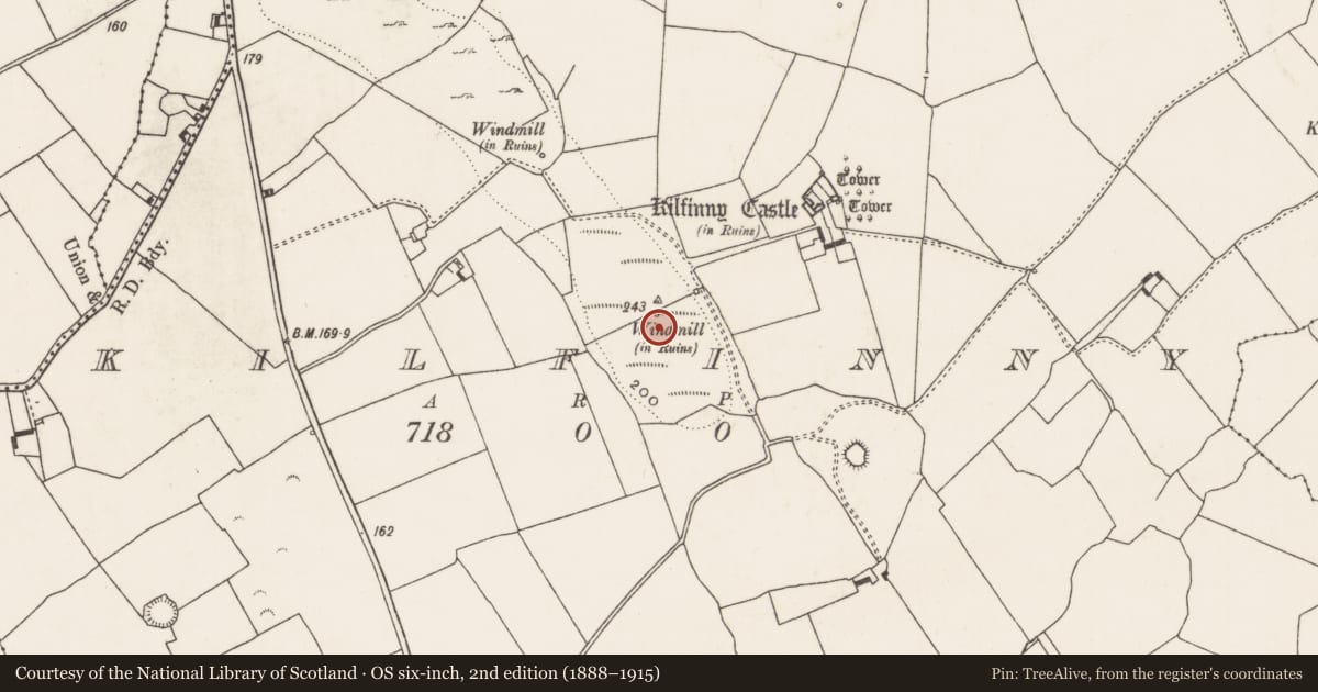 Ordnance Survey six-inch map, 2nd edition (1888–1915) covering the location of Windmill, Kilfinny, County Limerick, with a pin at the register's coordinates