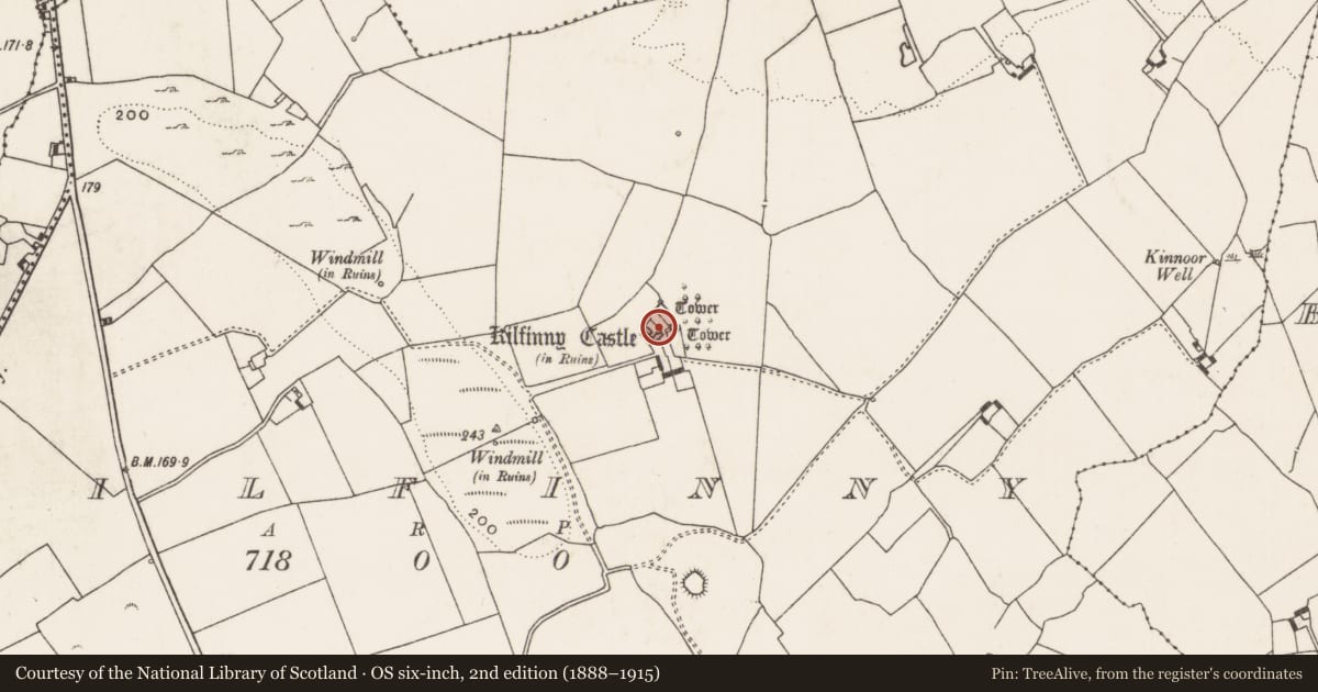 Ordnance Survey six-inch map, 2nd edition (1888–1915) covering the location of Bawn, Kilfinny, County Limerick, with a pin at the register's coordinates