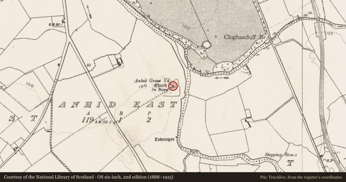 Ordnance Survey six-inch map, 2nd edition (1888–1915) covering the location of Graveyard, Anhid East, County Limerick, with a pin at the register's coordinates