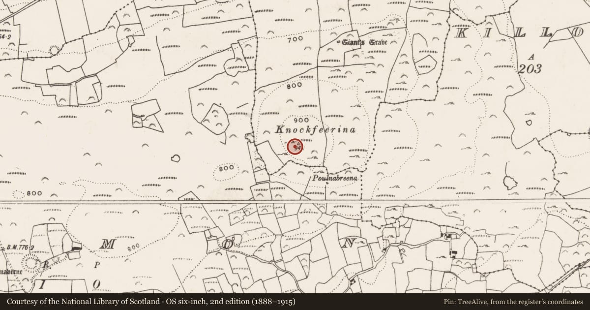 Ordnance Survey six-inch map, 2nd edition (1888–1915) covering the location of Cairn - unclassified, Kilmacow, County Limerick, with a pin at the register's coordinates
