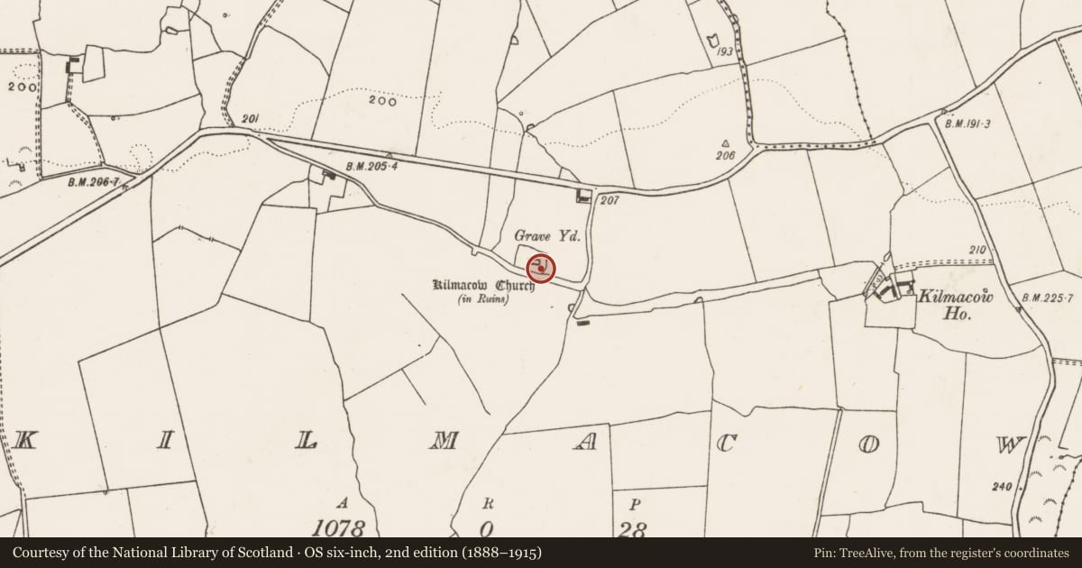 Ordnance Survey six-inch map, 2nd edition (1888–1915) covering the location of Church, Kilmacow, County Limerick, with a pin at the register's coordinates
