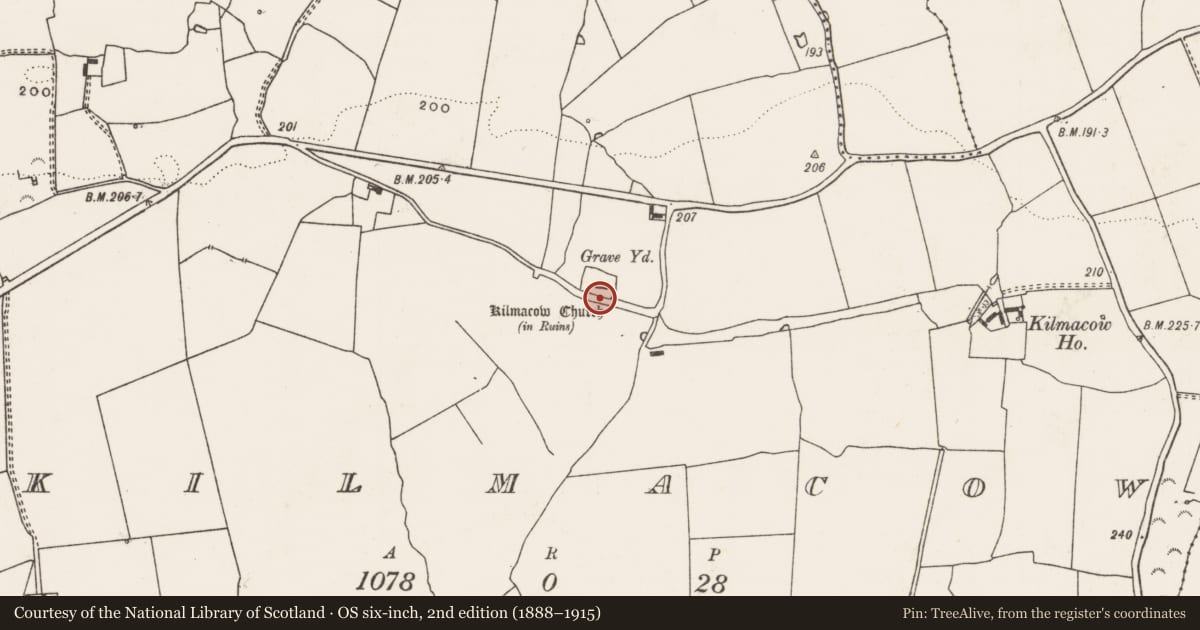 Ordnance Survey six-inch map, 2nd edition (1888–1915) covering the location of Graveyard, Kilmacow, County Limerick, with a pin at the register's coordinates