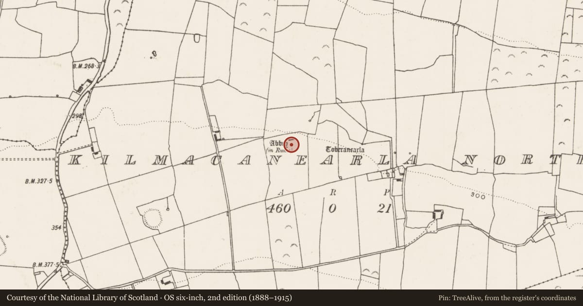 Ordnance Survey six-inch map, 2nd edition (1888–1915) covering the location of Religious house - unclassified, Kilmacanearla North, County Limerick, with a pin at the register's coordinates