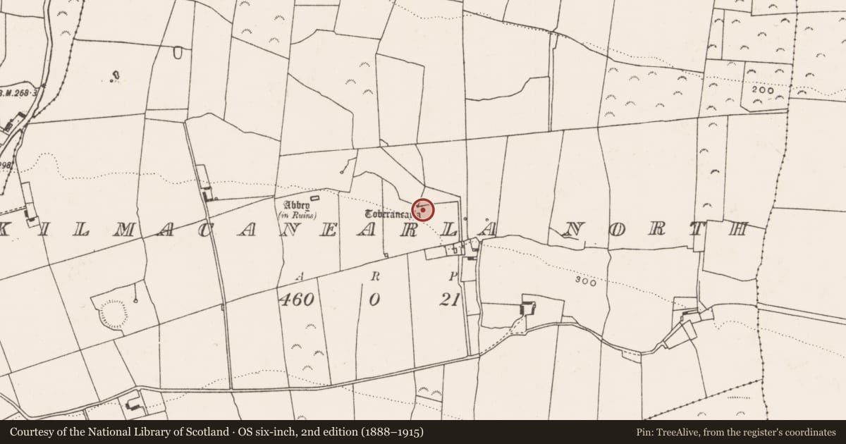 Ordnance Survey six-inch map, 2nd edition (1888–1915) covering the location of Ritual site - holy well, Kilmacanearla North, County Limerick, with a pin at the register's coordinates