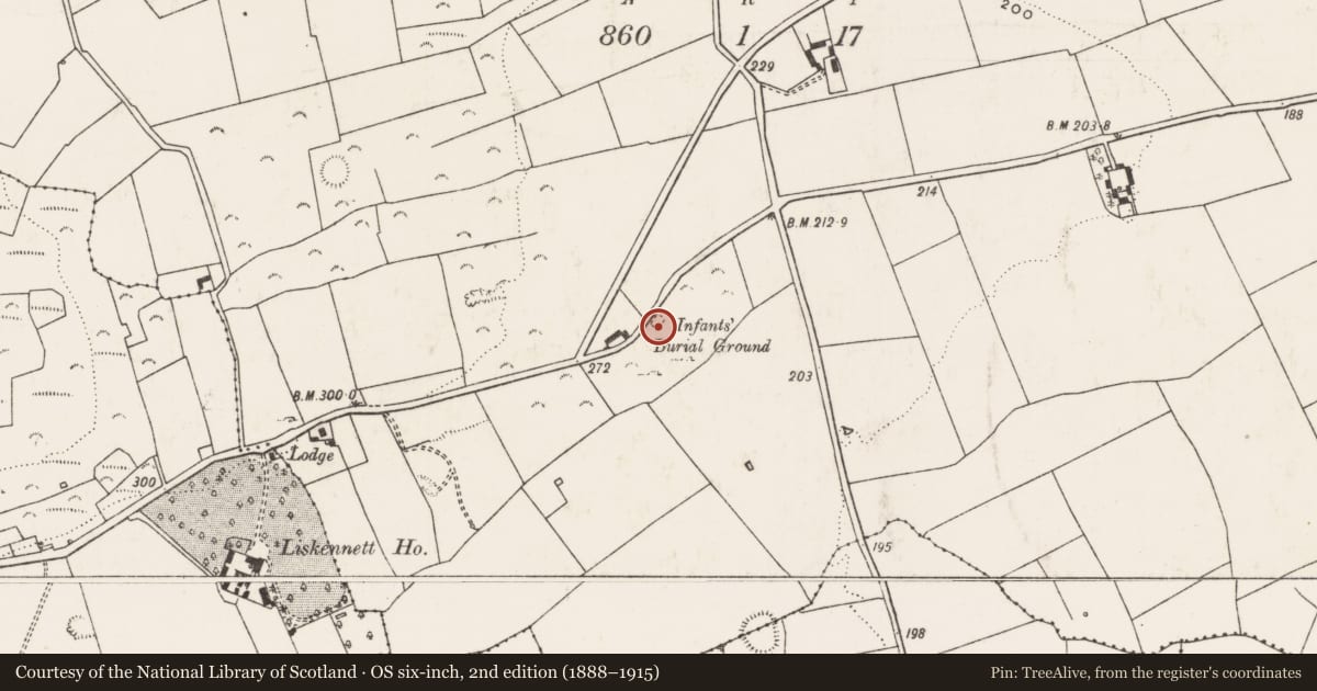 Ordnance Survey six-inch map, 2nd edition (1888–1915) covering the location of Children's burial ground, Morenane, County Limerick, with a pin at the register's coordinates