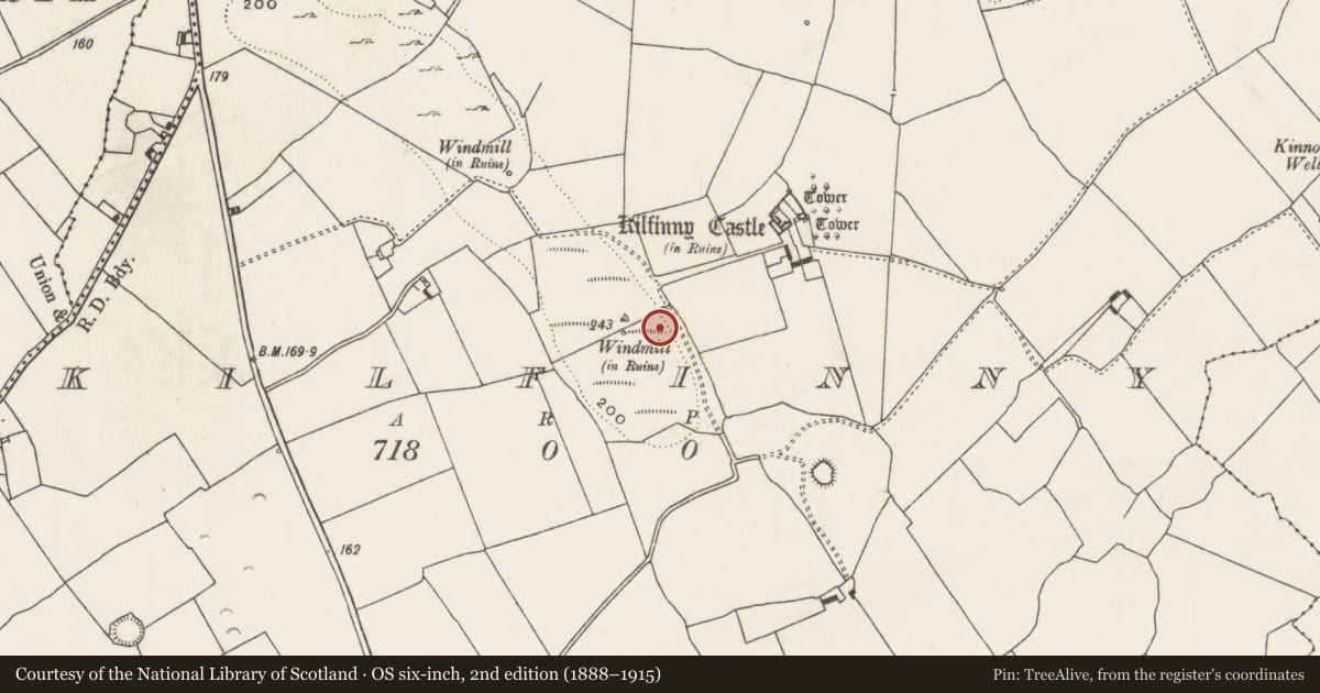 Ordnance Survey six-inch map, 2nd edition (1888–1915) covering the location of Kiln - lime, Kilfinny, County Limerick, with a pin at the register's coordinates