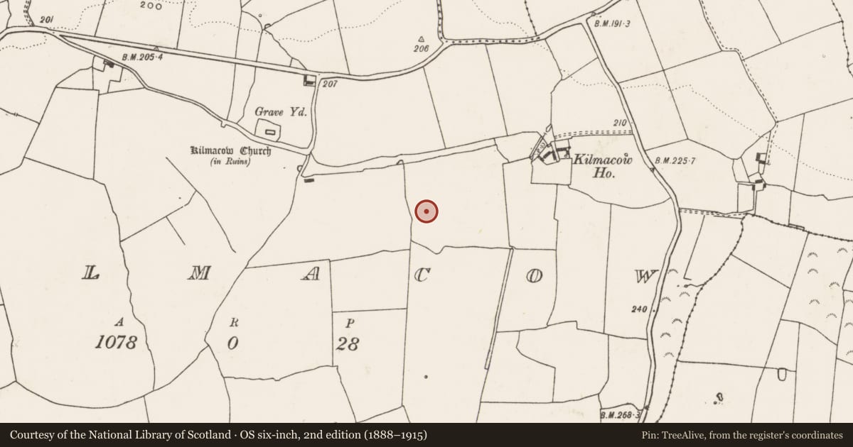 Ordnance Survey six-inch map, 2nd edition (1888–1915) covering the location of Enclosure, Kilmacow, County Limerick, with a pin at the register's coordinates