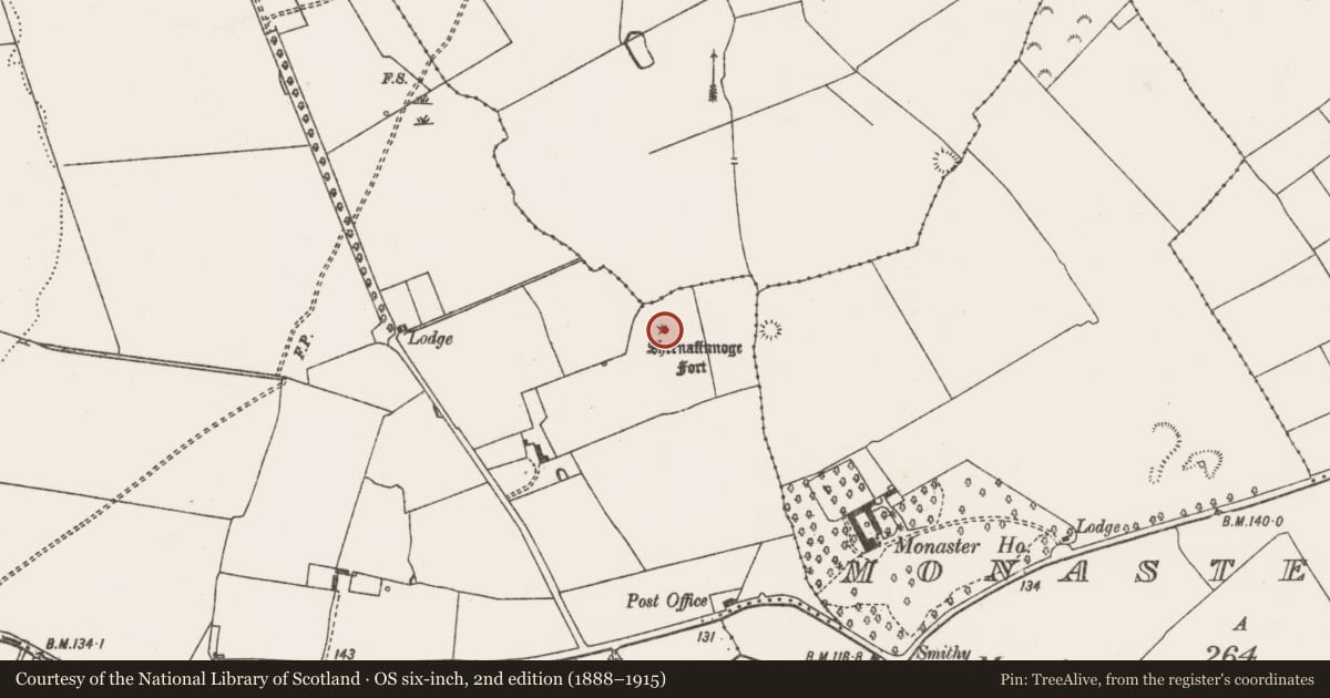 Ordnance Survey six-inch map, 2nd edition (1888–1915) covering the location of Barrow - bowl-barrow, Garrane, County Limerick, with a pin at the register's coordinates