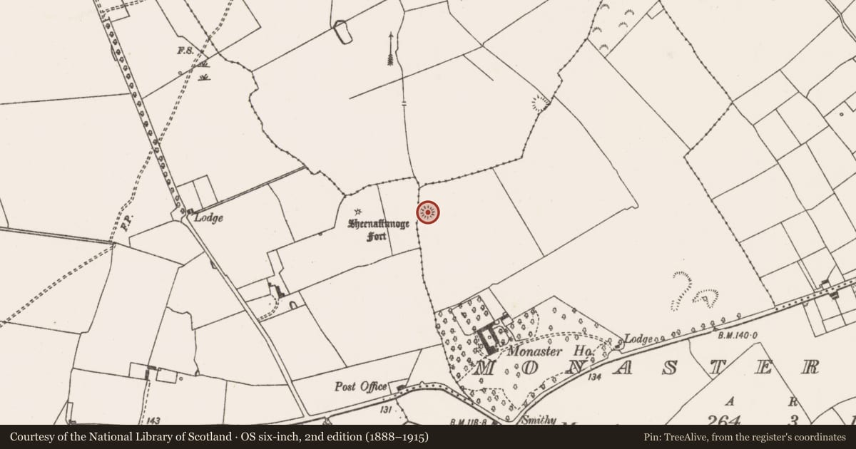 Ordnance Survey six-inch map, 2nd edition (1888–1915) covering the location of Ringfort - rath, Monaster North, County Limerick, with a pin at the register's coordinates