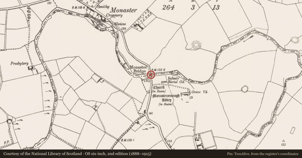Ordnance Survey six-inch map, 2nd edition (1888–1915) covering the location of Bridge, Monaster North, County Limerick, with a pin at the register's coordinates