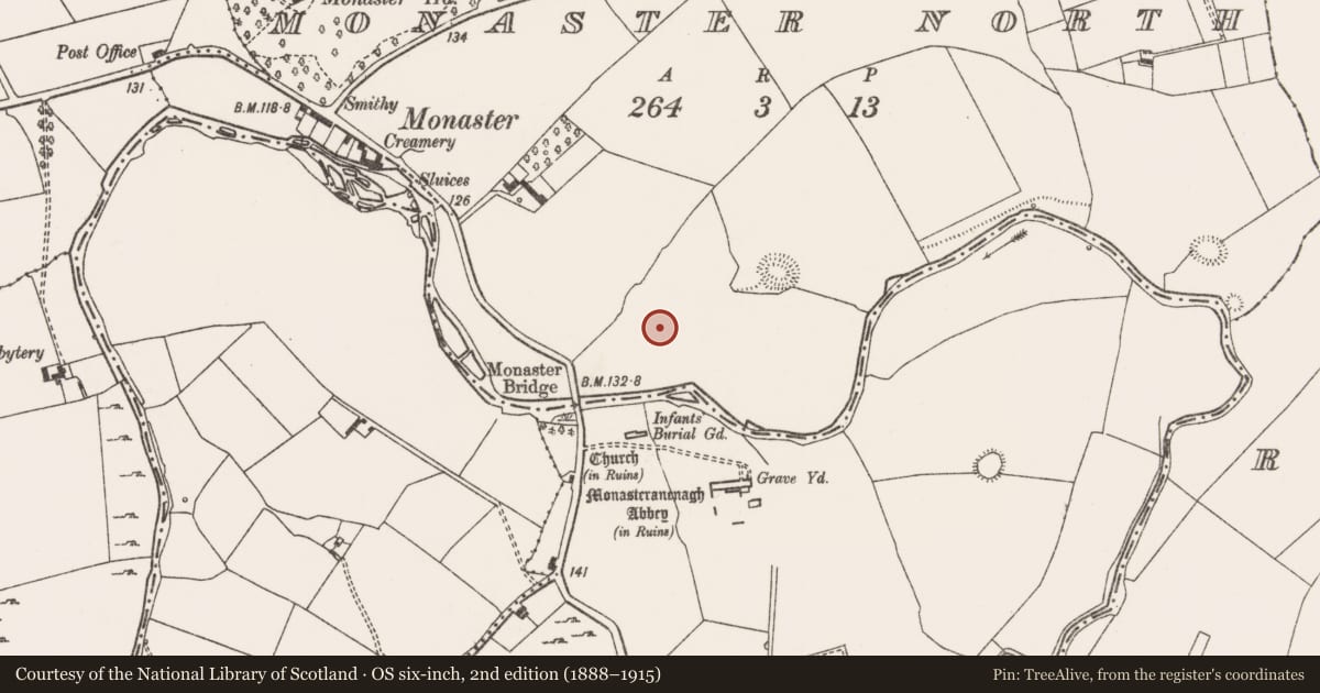 Ordnance Survey six-inch map, 2nd edition (1888–1915) covering the location of Road - road/trackway, Monaster North, County Limerick, with a pin at the register's coordinates