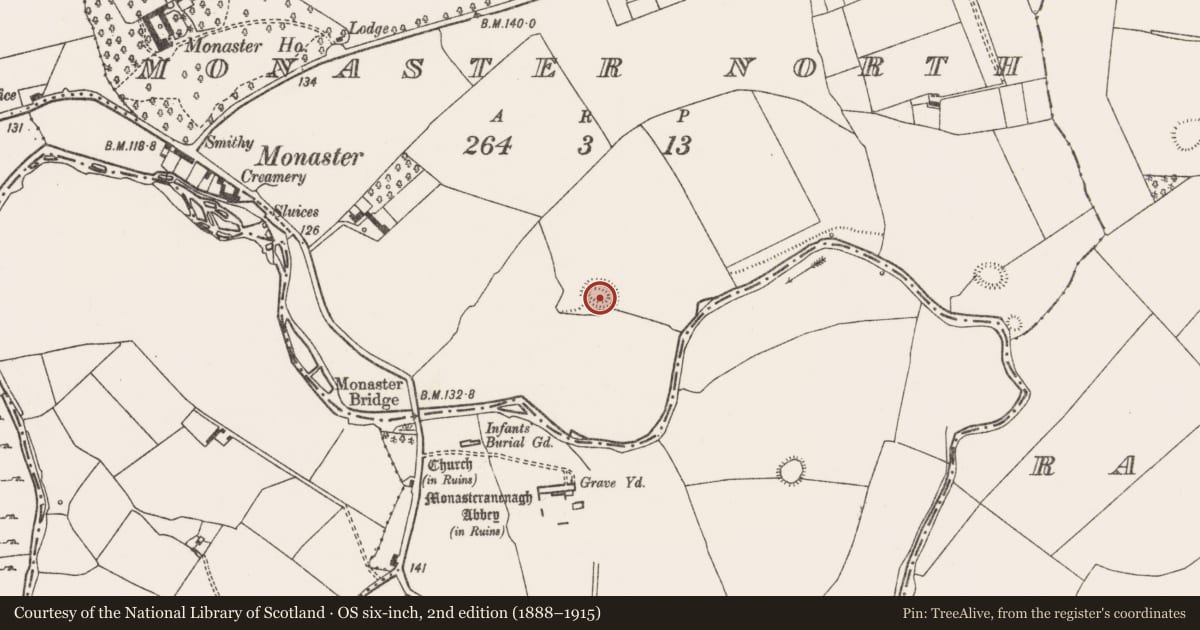 Ordnance Survey six-inch map, 2nd edition (1888–1915) covering the location of Ringfort - rath, Monaster North, County Limerick, with a pin at the register's coordinates
