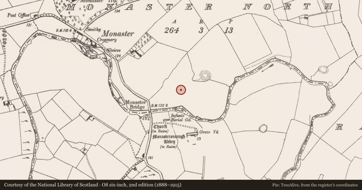 Ordnance Survey six-inch map, 2nd edition (1888–1915) covering the location of Enclosure, Monaster North, County Limerick, with a pin at the register's coordinates