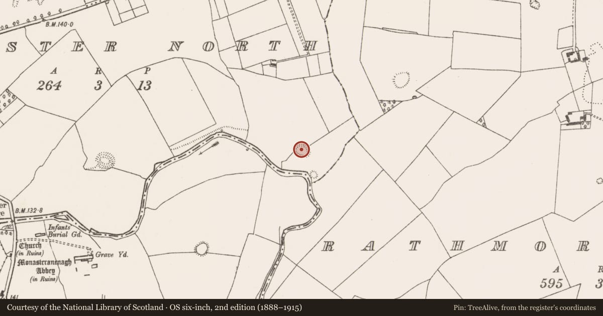 Ordnance Survey six-inch map, 2nd edition (1888–1915) covering the location of Ringfort - rath, Monaster North, County Limerick, with a pin at the register's coordinates