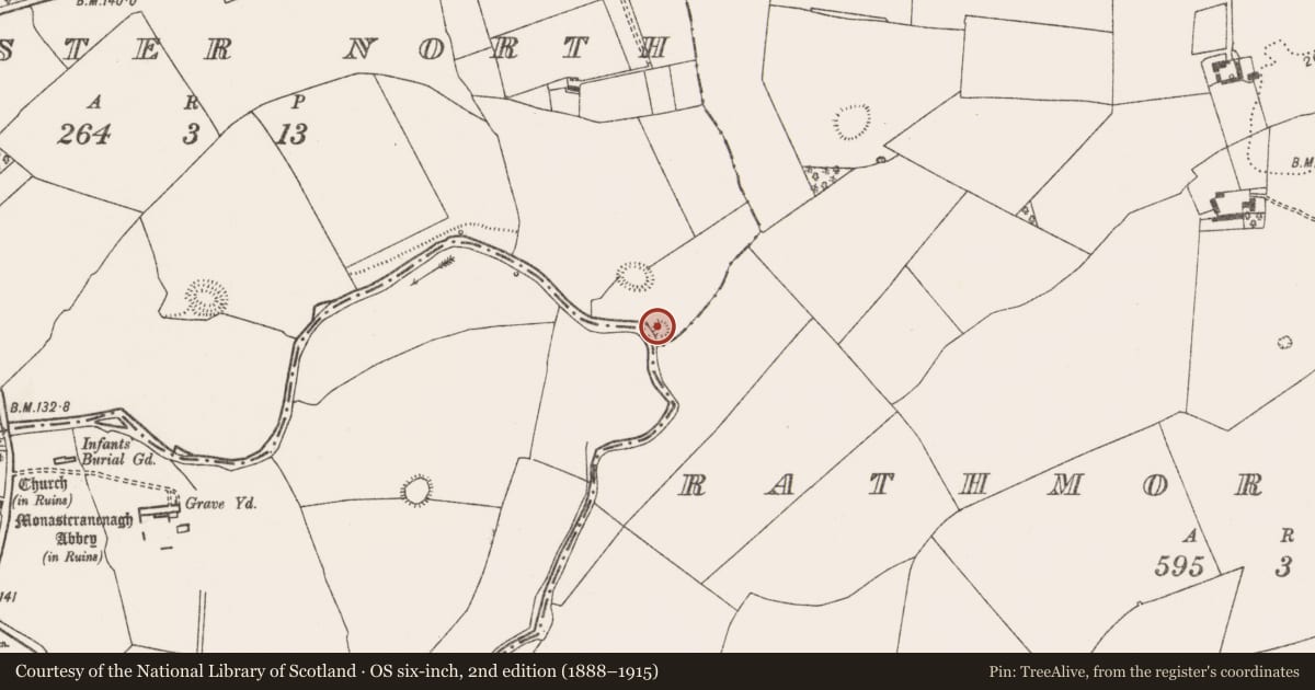 Ordnance Survey six-inch map, 2nd edition (1888–1915) covering the location of Ringfort - rath, Monaster North, County Limerick, with a pin at the register's coordinates