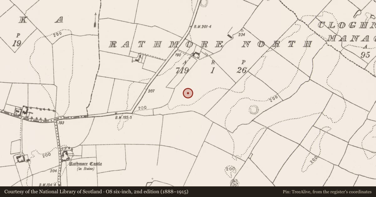 Ordnance Survey six-inch map, 2nd edition (1888–1915) covering the location of Enclosure, Rathmore North, County Limerick, with a pin at the register's coordinates