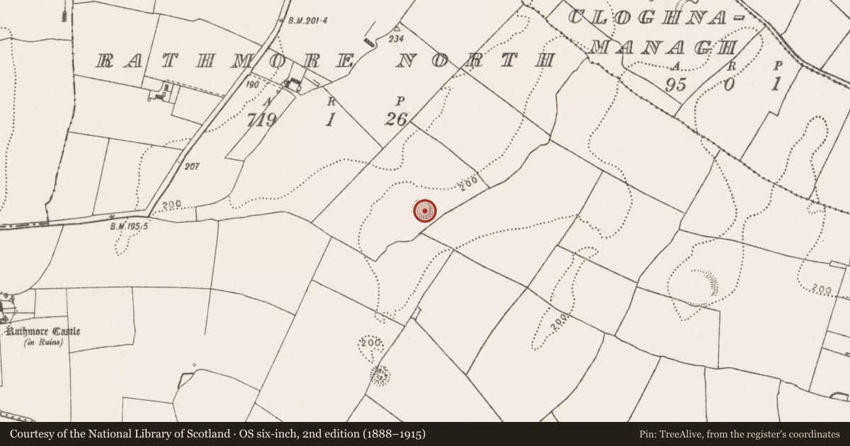Ordnance Survey six-inch map, 2nd edition (1888–1915) covering the location of Barrow - ring-barrow, Rathmore North, County Limerick, with a pin at the register's coordinates
