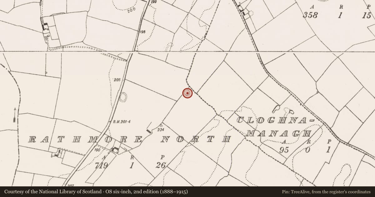 Ordnance Survey six-inch map, 2nd edition (1888–1915) covering the location of Barrow - ring-barrow, Rathmore North, County Limerick, with a pin at the register's coordinates