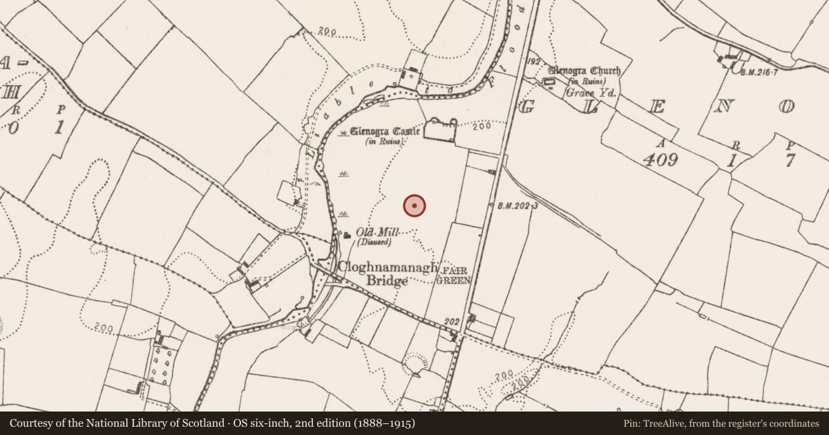 Ordnance Survey six-inch map, 2nd edition (1888–1915) covering the location of Historic town, Glenogra, County Limerick, with a pin at the register's coordinates