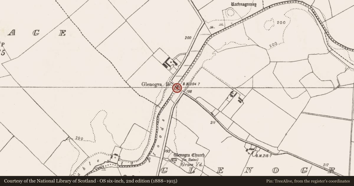 Ordnance Survey six-inch map, 2nd edition (1888–1915) covering the location of Bridge, Ballyea, Glenogra, County Limerick, with a pin at the register's coordinates