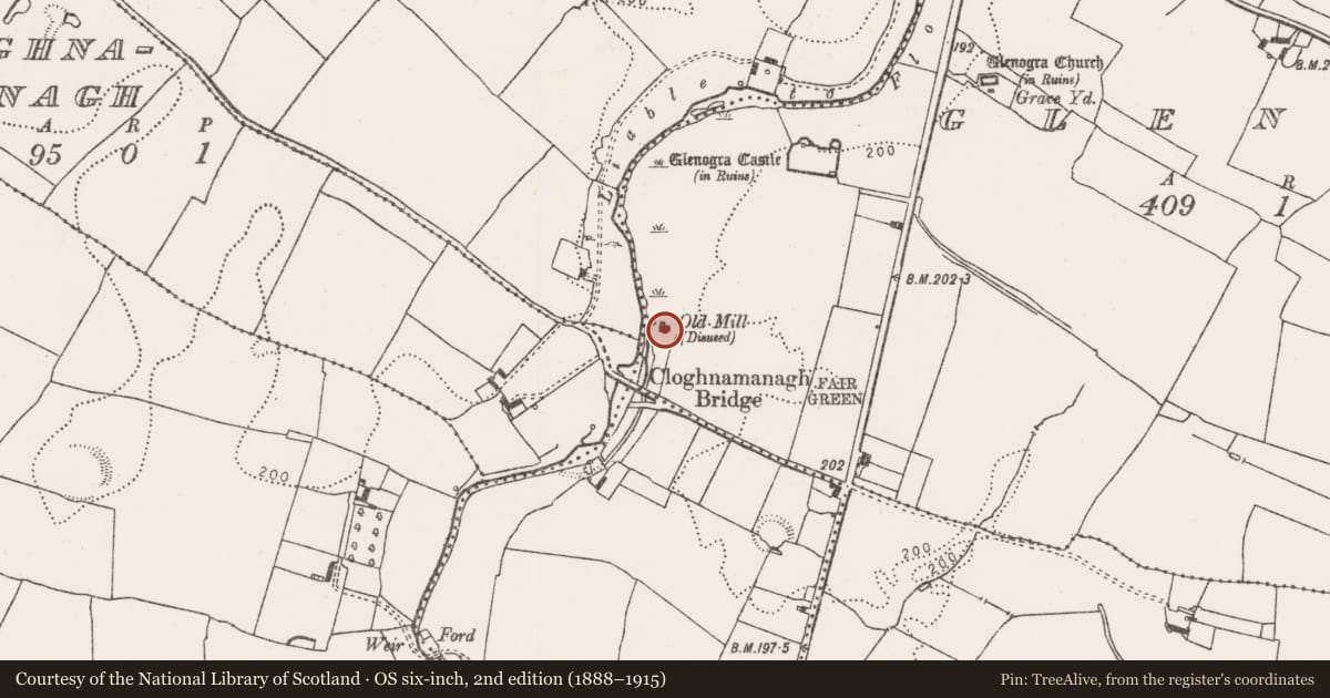 Ordnance Survey six-inch map, 2nd edition (1888–1915) covering the location of Mill - unclassified, Glenogra, County Limerick, with a pin at the register's coordinates