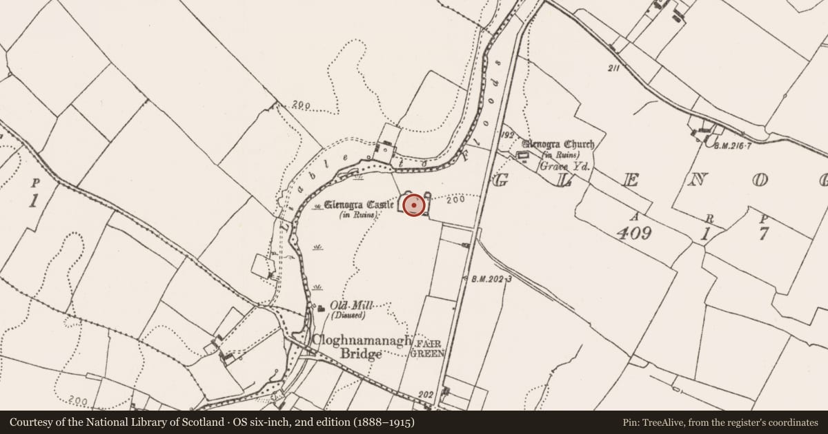 Ordnance Survey six-inch map, 2nd edition (1888–1915) covering the location of Castle - Anglo-Norman masonry castle, Glenogra, County Limerick, with a pin at the register's coordinates