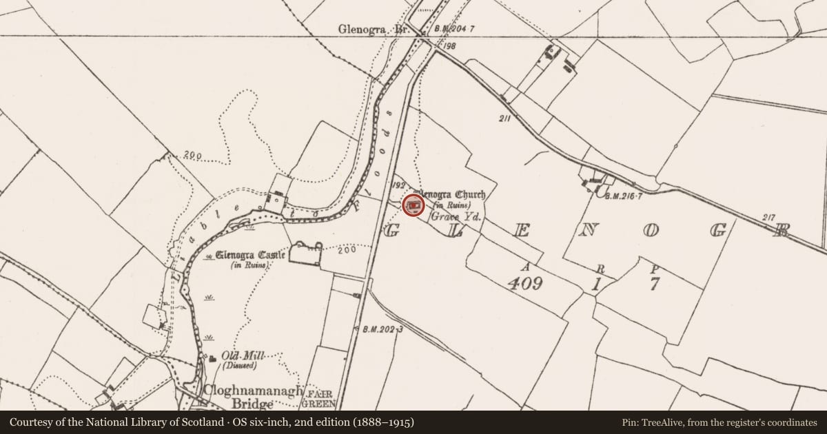 Ordnance Survey six-inch map, 2nd edition (1888–1915) covering the location of Church, Glenogra, County Limerick, with a pin at the register's coordinates