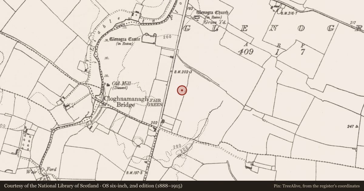 Ordnance Survey six-inch map, 2nd edition (1888–1915) covering the location of Enclosure, Glenogra, County Limerick, with a pin at the register's coordinates