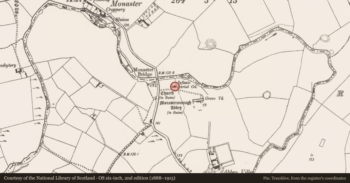 Ordnance Survey six-inch map, 2nd edition (1888–1915) covering the location of Church, Monaster South, County Limerick, with a pin at the register's coordinates