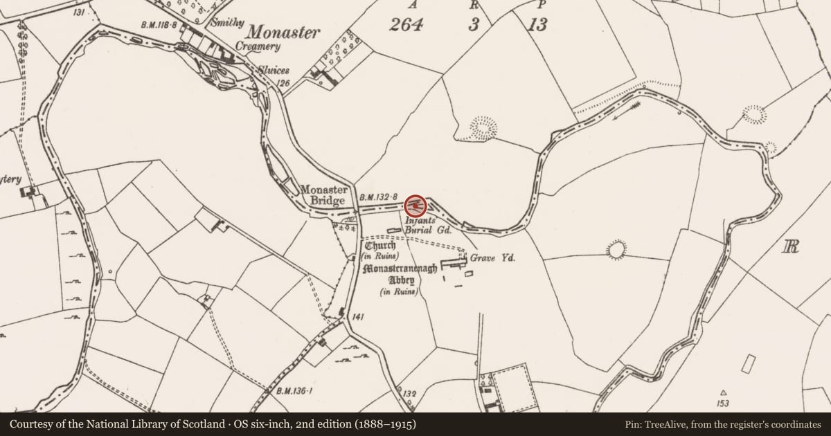 Ordnance Survey six-inch map, 2nd edition (1888–1915) covering the location of Weir - fish, Monaster North, Monaster South, County Limerick, with a pin at the register's coordinates