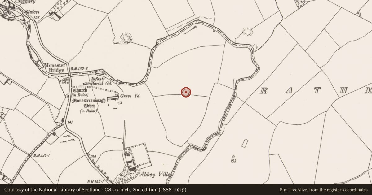 Ordnance Survey six-inch map, 2nd edition (1888–1915) covering the location of Ringfort - rath, Monaster South, County Limerick, with a pin at the register's coordinates
