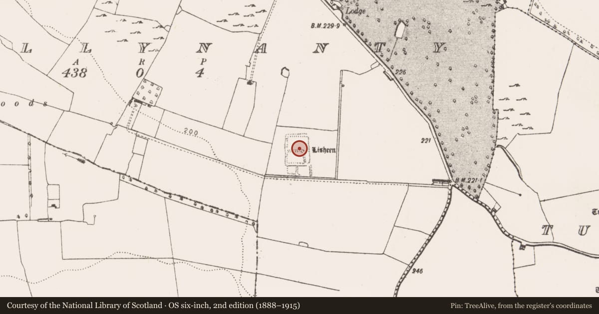 Ordnance Survey six-inch map, 2nd edition (1888–1915) covering the location of Moated site, Ballynanty, County Limerick, with a pin at the register's coordinates