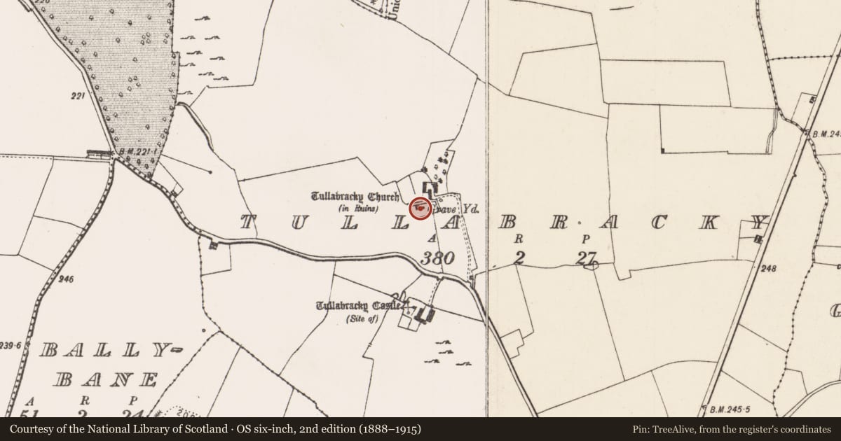 Ordnance Survey six-inch map, 2nd edition (1888–1915) covering the location of Church, Tullabracky, County Limerick, with a pin at the register's coordinates